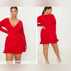Pretty Little Thing Plus Size US 20 Red Ruffle Wrap Dress NWT